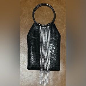 Black Sequin Wristlet Clutch with Silver Crystal Fringe
